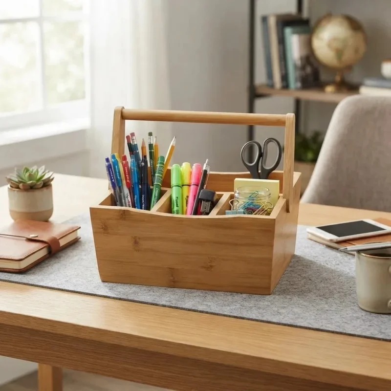 TK Multi-Purpose Bamboo Caddy Organizer with Handle – 4 Compartment Storage