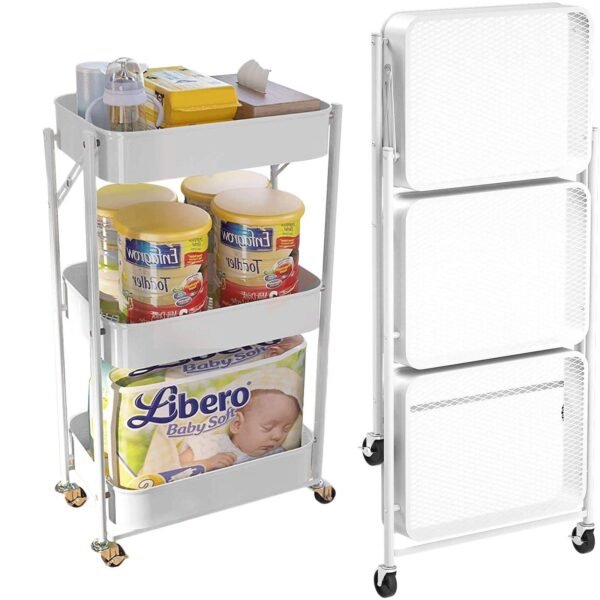 3 Tier Foldable Rolling Cart – Kitchen & Storage Organizer
