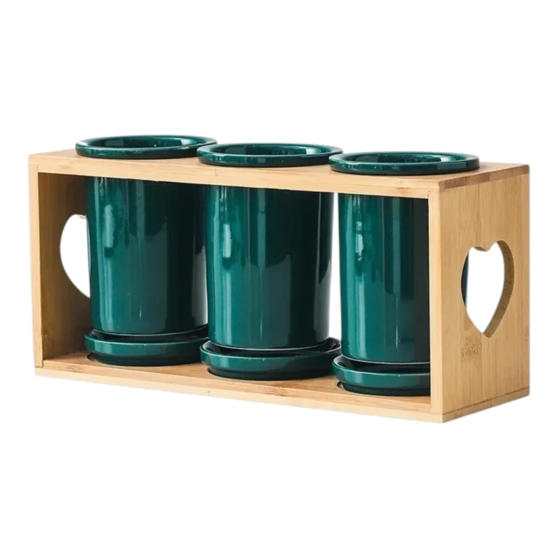 Ceramic Kitchen Utensil Holder with Wooden Base