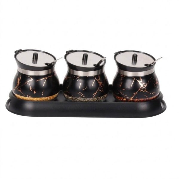 3 Piece Marble Pattern Condiment Set with Spoon and Stand
