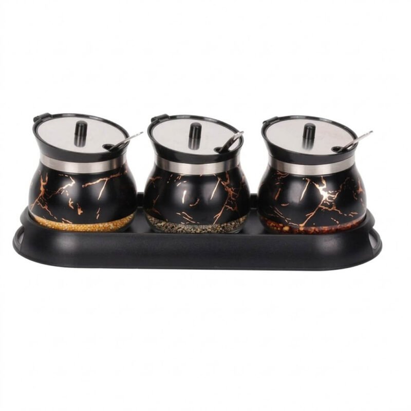3 Piece Marble Pattern Condiment Set with Spoon and Stand