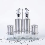 5 Piece Glass Condiment Set with Stainless Steel Stand