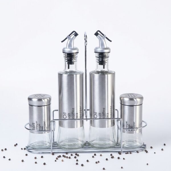 5 Piece Glass Condiment Set with Stainless Steel Stand