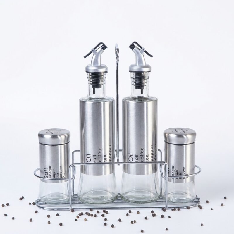 5 Piece Glass Condiment Set with Stainless Steel Stand