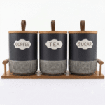 Black Ceramic Canister Set with Wooden Stand