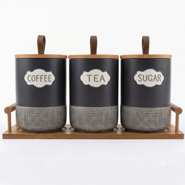 Black Ceramic Canister Set with Wooden Stand