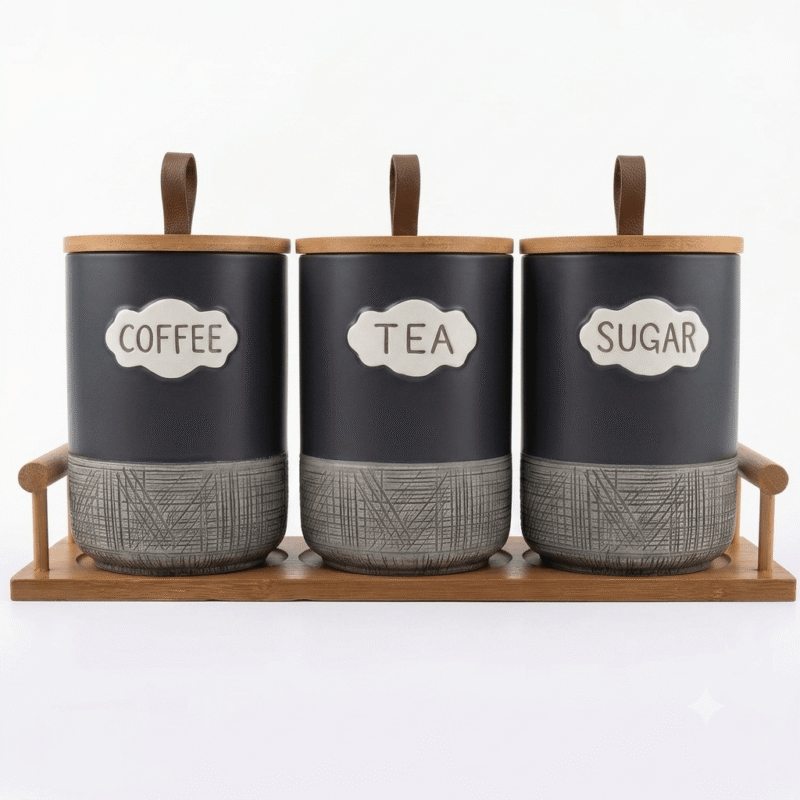 Black Ceramic Canister Set with Wooden Stand