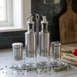 5 Piece Glass Condiment Set with Stainless Steel Stand