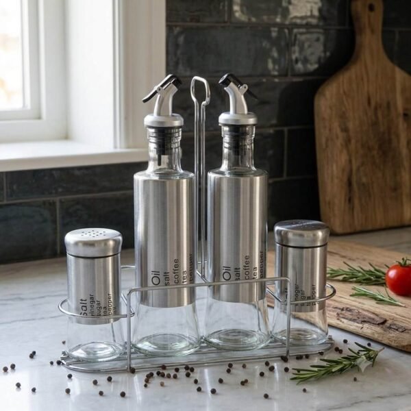 5 Piece Glass Condiment Set with Stainless Steel Stand