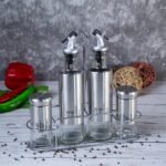 5 Piece Glass Condiment Set with Stainless Steel Stand