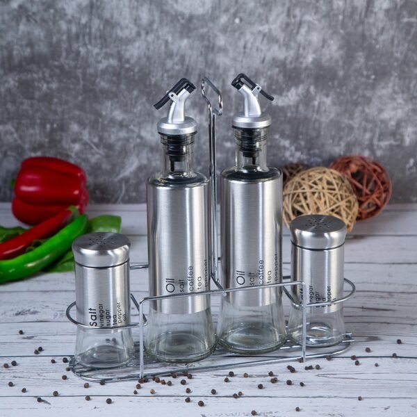Kitchen Seasoning Set with Glass Oil Bottles Spice Shakers and Metal Rack