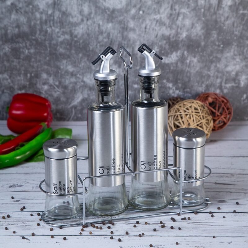 Kitchen Seasoning Set with Glass Oil Bottles Spice Shakers and Metal Rack