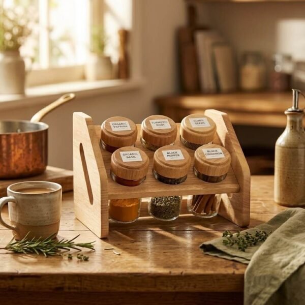 Refillable Wooden Spice Rack Set with 6 Glass Seasoning Jars for Kitchen Storage (1)