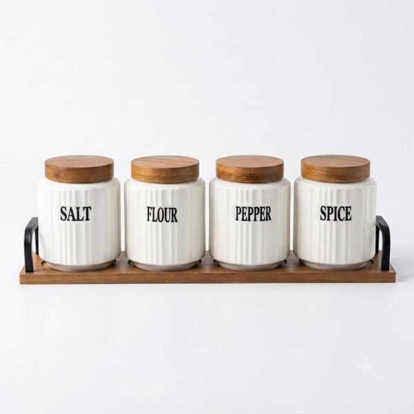 Ribbed Ceramic Canister Set for Salt Flour Pepper & Spice