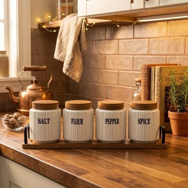 White Ribbed Ceramic Canister Set with Wooden Stand for Kitchen Storage