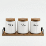 White Ribbed Coffee Tea Sugar Canister Set with Wooden Accents