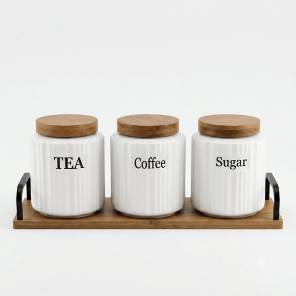 White Ribbed Coffee Tea Sugar Canister Set with Wooden Accents