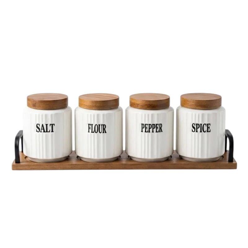 Ribbed Ceramic Canister Set for Salt Flour Pepper & Spice