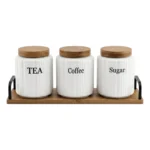 White Ribbed Coffee Tea Sugar Canister Set with Wooden Accents
