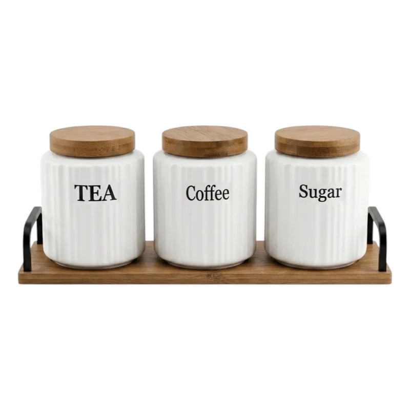 White Ribbed Coffee Tea Sugar Canister Set with Wooden Accents