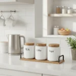 White Ribbed Coffee Tea Sugar Canister Set with Wooden Accents