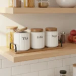 White Ribbed Coffee Tea Sugar Canister Set with Wooden Accents