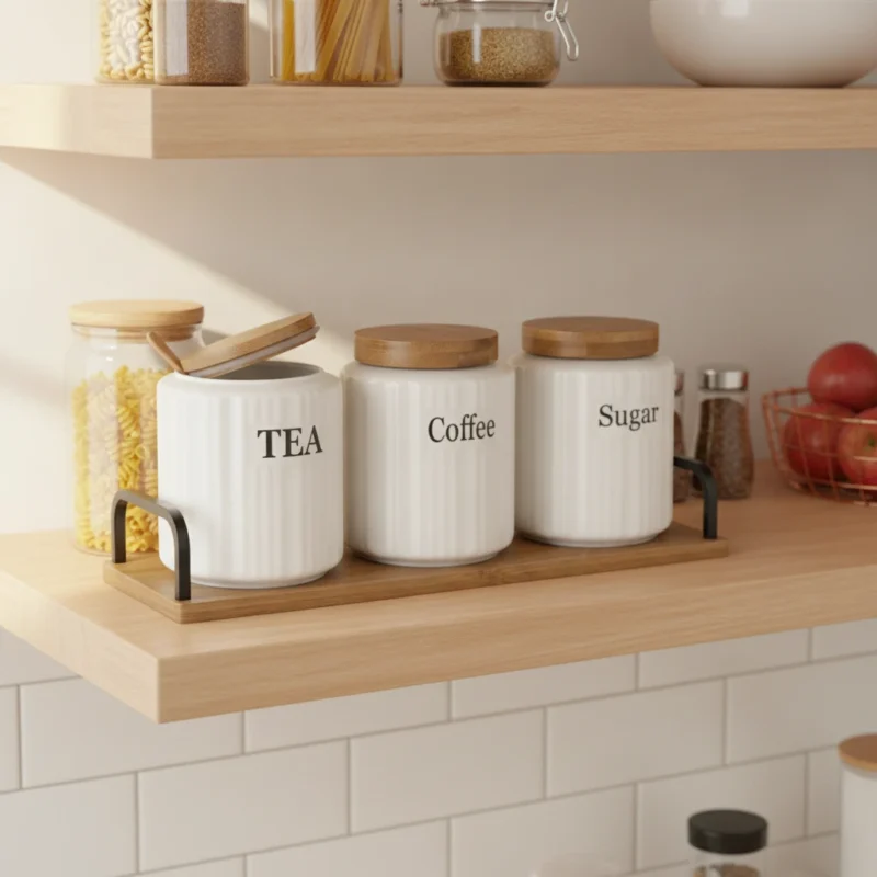 White Ribbed Coffee Tea Sugar Canister Set with Wooden Accents