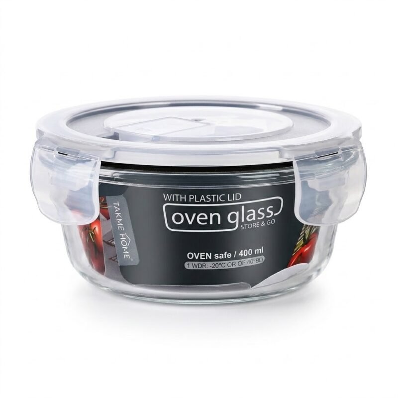 TK Round Oven Glass Storage Container with Clip Lid - Airtight, BPA Free