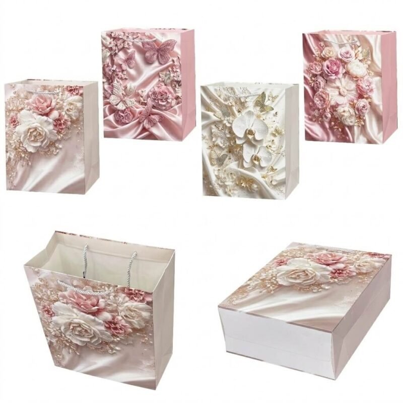 TK Satin Floral Gift Bag – 3D Rose & Butterfly Design