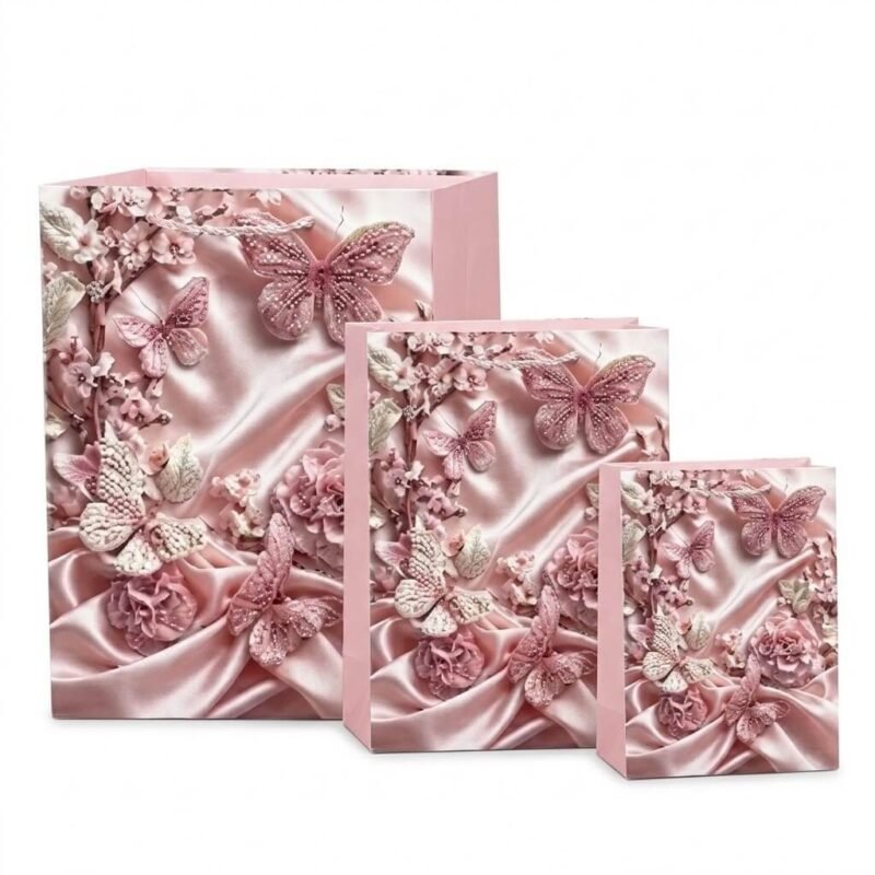 TK Satin Floral Gift Bag – 3D Rose & Butterfly Design