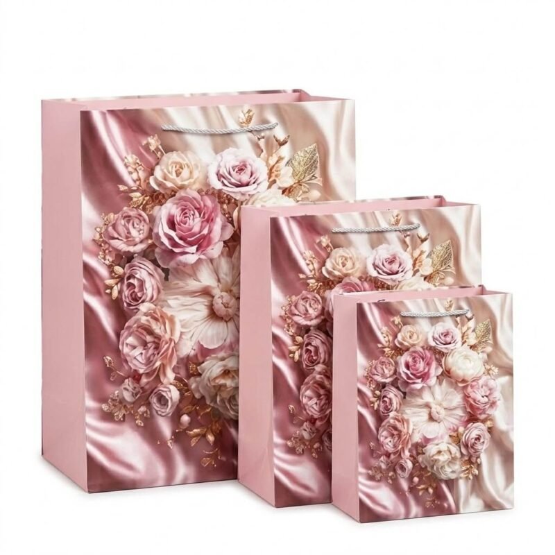 TK Satin Floral Gift Bag – 3D Rose & Butterfly Design