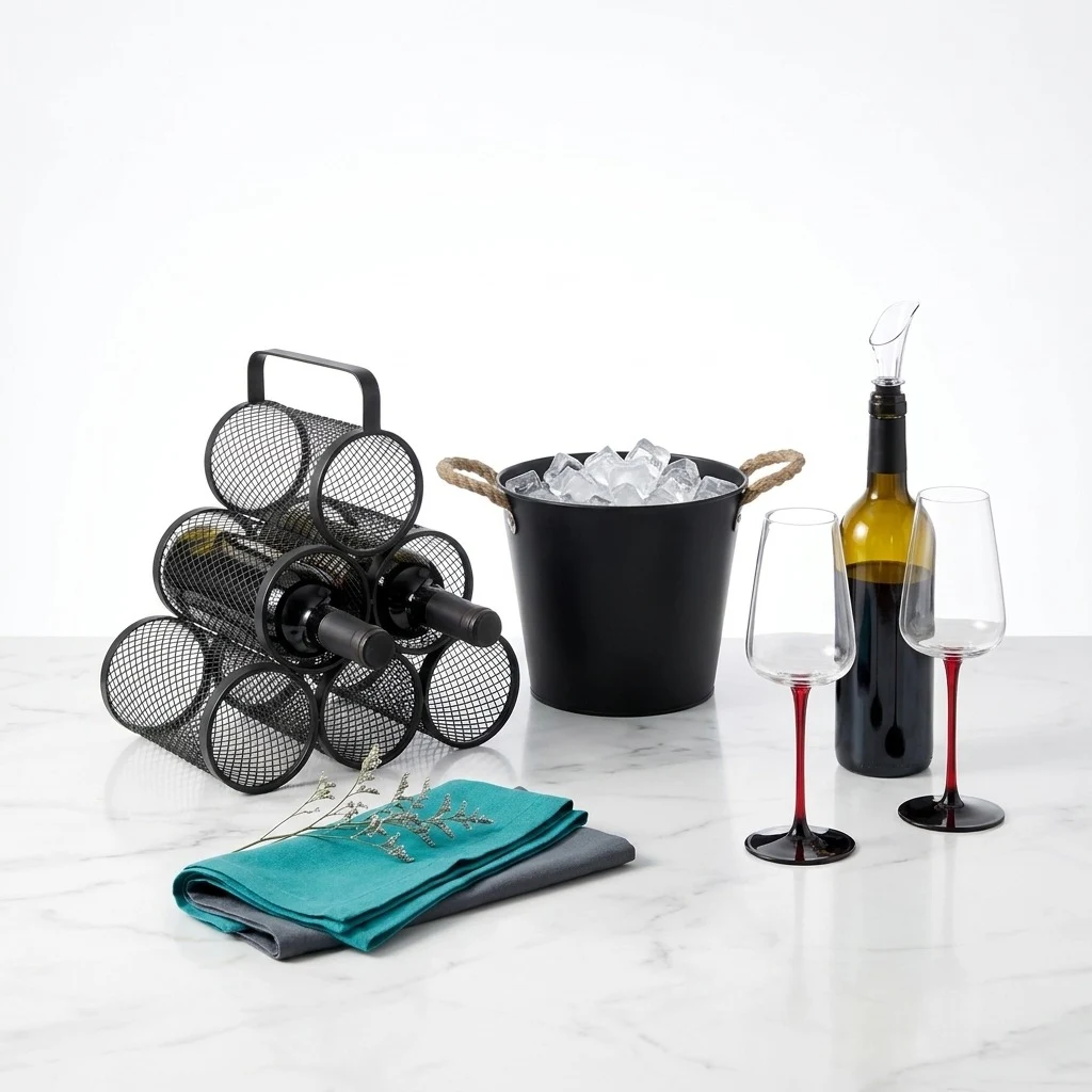 Black mesh wine rack, ice bucket, wine bottle with pourer and two wine glasses on a marble counter