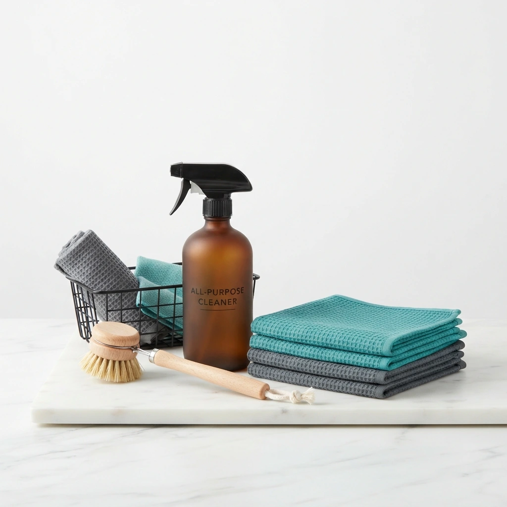 Amber cleaner spray bottle, wooden dish brush and teal and grey cleaning cloths with a wire basket