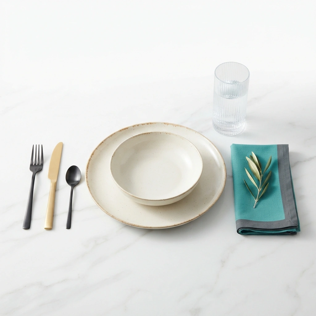 Cream plate and bowl with black and gold cutlery, a ribbed glass and a teal napkin