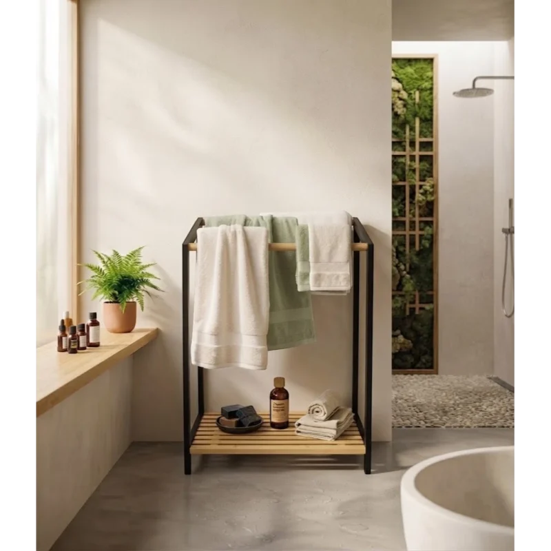 TK Bamboo Bathroom Towel Rack with Storage Shelf – 51 × 31 × 85 cm