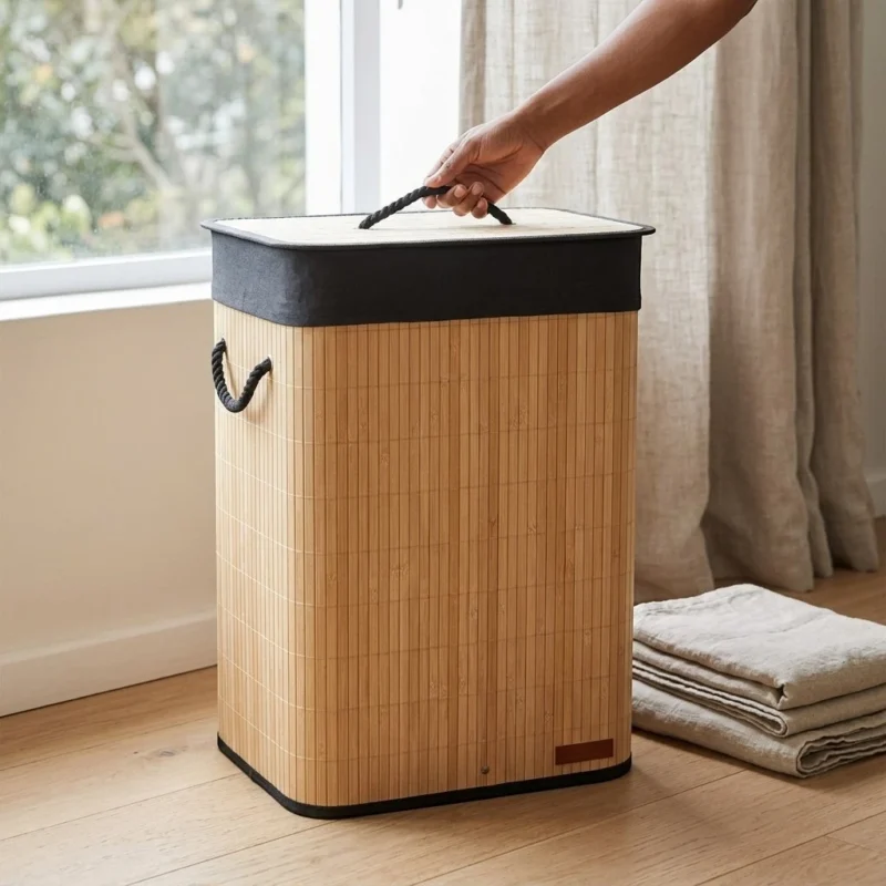 TK Bamboo Laundry Basket with Lid, Rope Handles