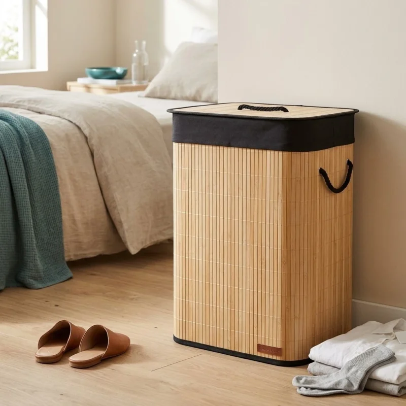 TK Bamboo Laundry Basket with Lid, Rope Handles