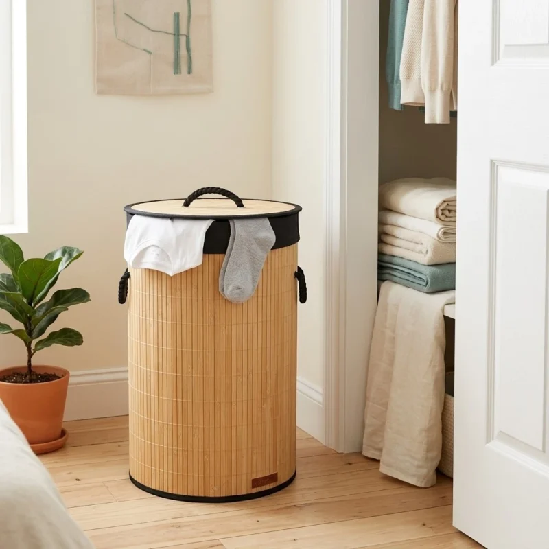 TK Bamboo Laundry Basket with Lid, Rope Handles