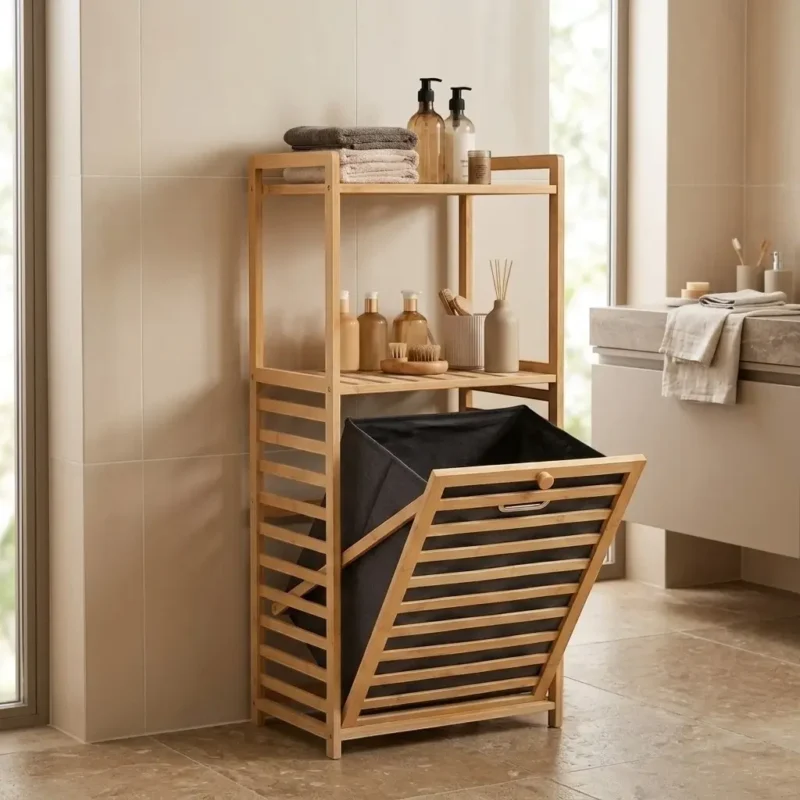 TK Bamboo Tilt-Out Laundry Hamper with 2-Tier Storage Shelf