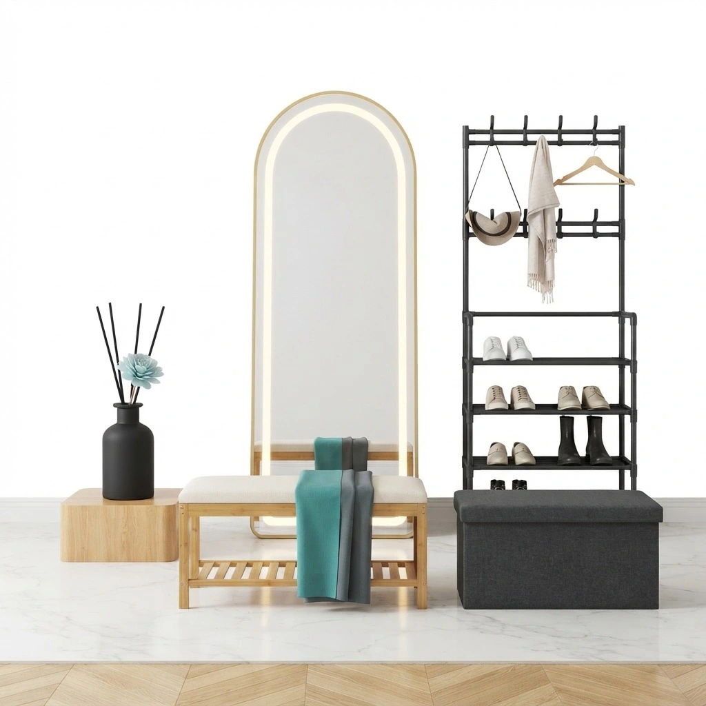 Hallway set with arched mirror, shoe and coat rack, wooden bench, storage ottoman and reed diffuser